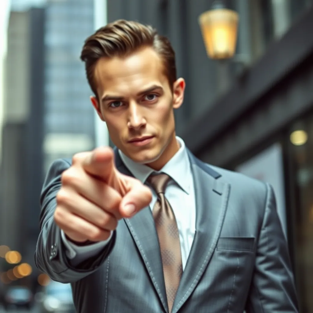 A wall street broker points at the camera.