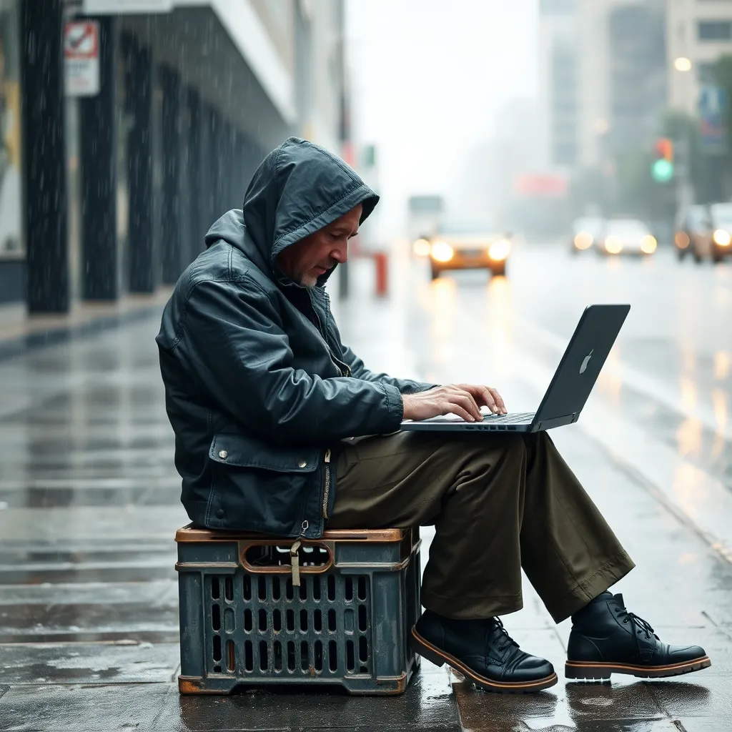 A man types on a laptop in the rain.